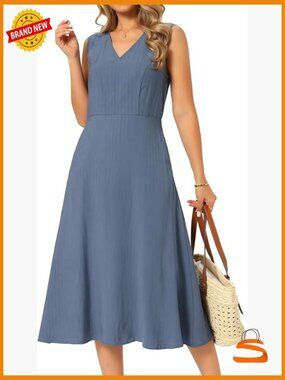 Sleeveless V-Neck Midi Sundress with Pockets Flowy A-Line Casual Summer Dress